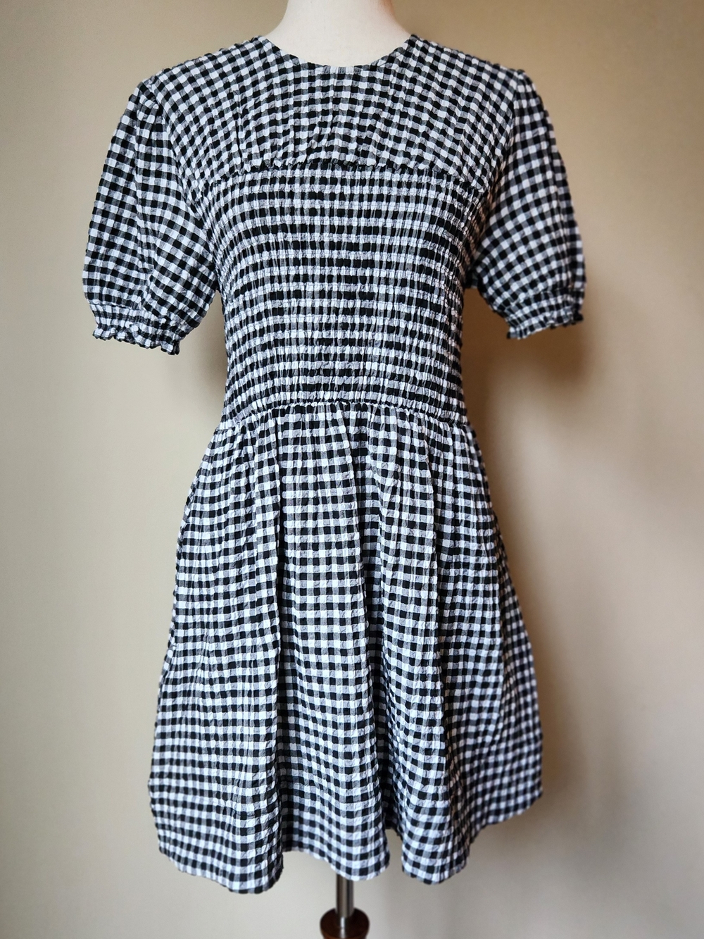 Maeve Anthropologie Gingham Puff Sleeve Babydoll Mini Dress Smocked Plaid